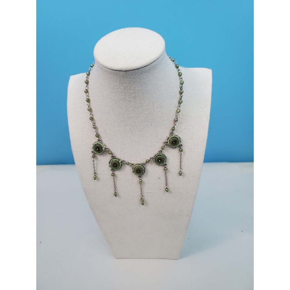 Green Floral Festoon Chandelier Necklace Silvertone Chain Dangle Drop NWOT
